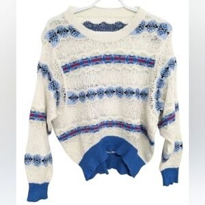 PUP.F Open-Knit Fair Isle Sweater Blue Cream Vintage Cottagecore Y2K
